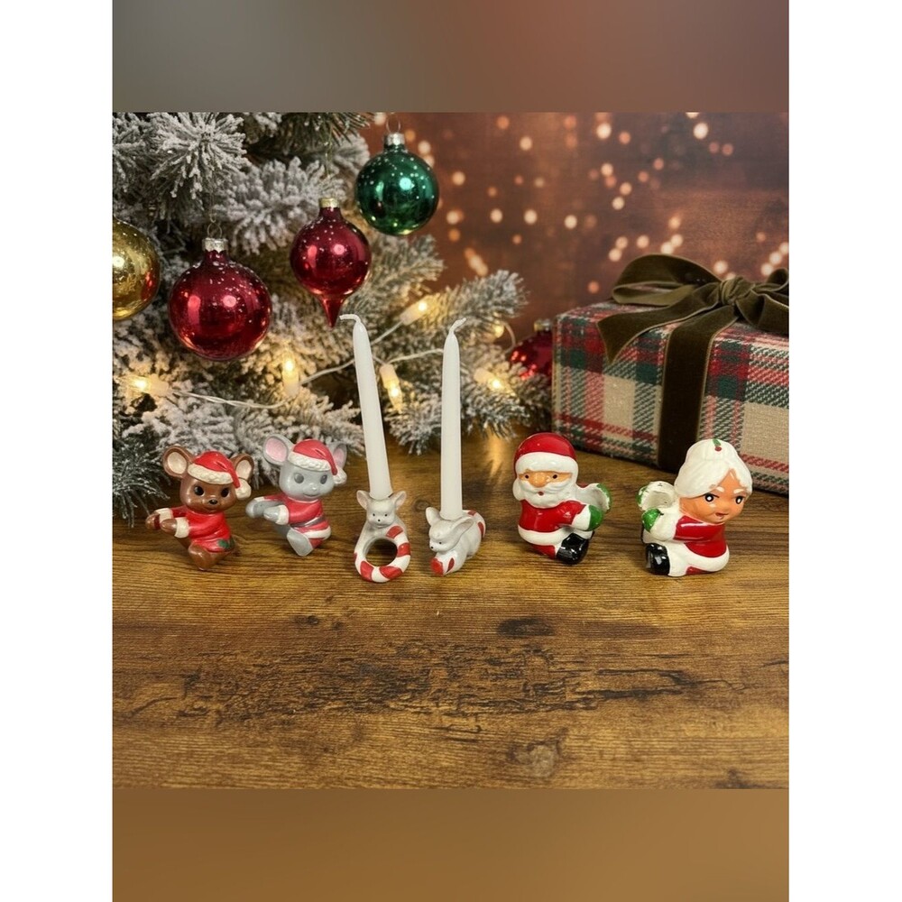 Vintage Christmas Candle Huggers Ceramic Mouse Santa Mrs Claus Ceramic Set of 6